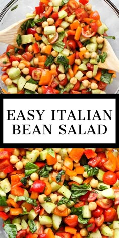 a bowl filled with vegetables and the words easy italian bean salad on top of it