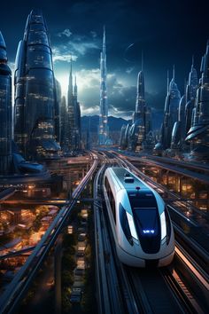 a high speed train traveling through a futuristic city at night with skyscrapers in the background