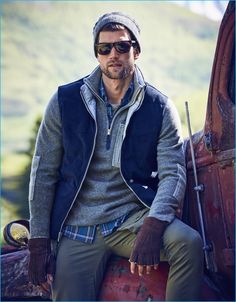 Jan Trojan pictured in sunglasses Ermenegildo Zegna, vest, shirt, sweatshirt… Winter Wear Men, Hiking Outfit Fall Mountain, Hiking Outfit Men, Brown Suede Chelsea Boots, Adventurous Men, Michael Bastian