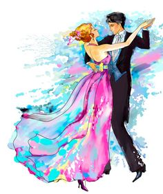 a man and woman dressed in formal wear dancing with colorful paint splattered on the background