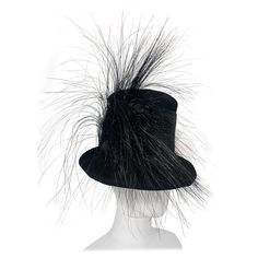 Maison Michel Autumn/Winter Black Fur Felt Short-Brim Tall Crown Hat w Extravagant Feathers: Extra-wide grosgrain ribbon band and a mixture of black ostrich and egret feathers at side. Attached combs for securing. Size US 7. Made in France. Elegant Black Costume Hats With Feathers, Black Mini Hat With Feathers And Curved Brim, Elegant Black Feather Trim Costume Hat, Luxury Feather-trimmed Costume Hats And Headpieces For Women, Vintage Black Hat With Feathers, Philip Treacy Hats, Crown Hat, Grosgrain Ribbon, Accessories Hats