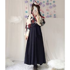 Color: Black Long Set, Size: S Japanese Kimono Dress, Kimono Style Dress, Japanese Costume, Kimono Shirt, Kimono Outfit, Mode Kimono, Long Sleeve Kimono, Floral Print Kimono, Kimono Yukata