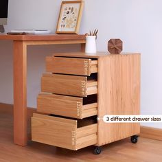 a wooden desk with drawers and a computer monitor