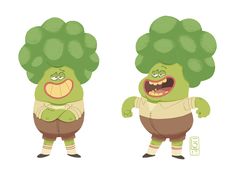 two cartoon characters with large green hair