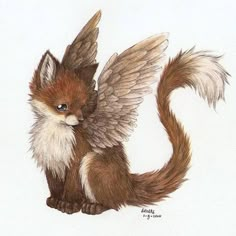 a drawing of a fox with wings on it's back, sitting down and looking at the camera