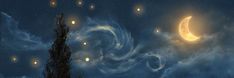 the night sky is filled with glowing stars and crescents, as well as clouds