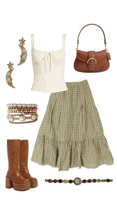 Earth Tone Concert Outfit, Folk Music Outfit, Hozier Vibes Outfit, England Aesthetic Outfit Summer, Concert Accessories Ideas, Summer Dress Autumn Outfit, Whimsical Skirt Outfit, Fall Fashion Inspo Outfits, County Outfit Ideas