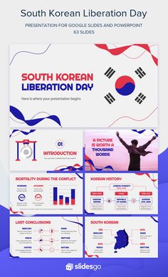 the south korean liberation day powerpoint presentation is displayed in blue and red colors, with an image of a person raising their hands