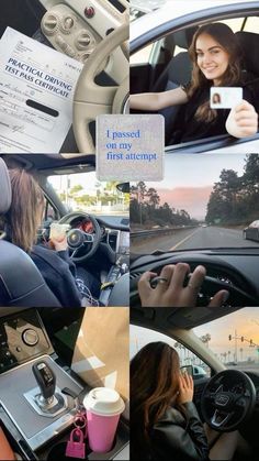 a collage of photos showing people driving and using their cell phones in the car