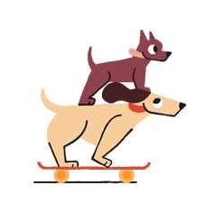 a dog riding on top of a skateboard with another dog sitting on it's back