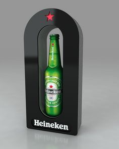 a heineken beer bottle in a black box