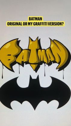 the batman logo is drawn in yellow and black on a white background with words below it