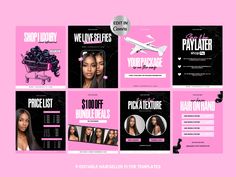 a pink and black flyer for an event with photoshopped hair products on it