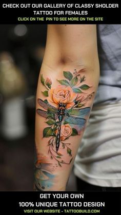 a woman's arm with a dragonfly tattoo on it and roses in the background