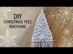 a crocheted christmas tree decoration with snowflakes on the background and text overlay that reads diy christmas tree macrame