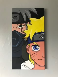 a painting of two anime characters on a white wall, one with blue eyes and the other with yellow hair