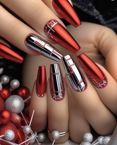 Silver And Red Nail Designs, Nail Art With Chrome, Glamgoth Nails, Nails Snowflakes, Red And Silver Nails, Red Chrome Nails, Doing Nails, Toenail Art, Nail Designs Ideas