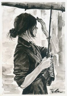 black and white drawing of a woman holding an umbrella in the rain with her hand