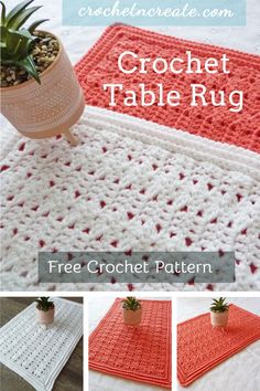 crochet table rugs with potted plant on top and text overlay that reads, free crochet pattern