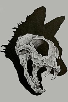 a black and white drawing of a wolf's head