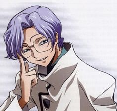 an anime character with purple hair and glasses