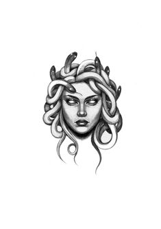 a black and white drawing of a woman's face with snakes on her head