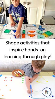 a young boy is sitting at a table and playing with some paper shapes on it