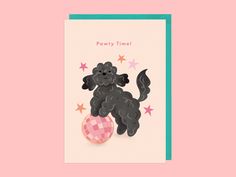 a card with a black poodle on top of a pink ball and stars in the background