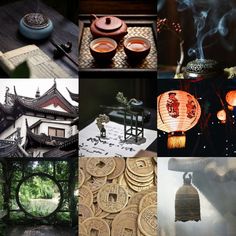 there are many different pictures in this collage that include lanterns, teapots and other things