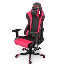 a pink and black gaming chair sitting on top of a white floor next to an arm rest