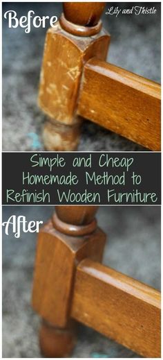 a wooden bed frame with the words simple and cheap homemade method to refinish wooden furniture