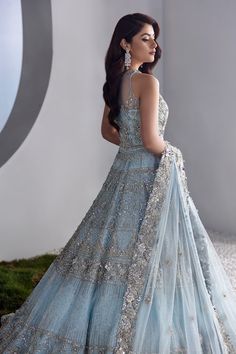 Ice Blue Dress, Shoaib Malik, Lehenga Bridal, Blue Lehenga, Embellished Neckline