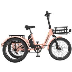 an electric bike with basket on the front and back wheels, pink color scheme isolated on white background