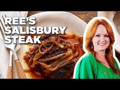 a woman standing in front of a plate of food with onions on it and the words ree's salisbury steak