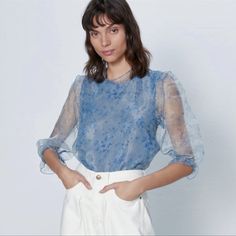 Semi-Sheer Blouse With High Collar And Below-The-Elbow Length Sleeves With Ruffled Elastic Cuffs. Lined Interior At Front. Back Opening And Button Closure. Approx Measurements Size Medium Pit To Pit - 19" Length - 23" Feminine Light Blue Blouse For Spring, Feminine Blue Tops For Office, Feminine Blue Tops For The Office, Elegant Blue Blouse For Day Out, Sheer Blouse For Spring, Zara Organza Blouse Outfit, Elegant Blue Tops For Spring, Light Blue Puff Sleeve Blouse For Spring, Blue Blouse For Spring Office Wear