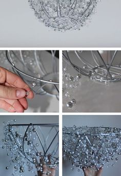 four photos showing how to make a chandelier with crystal balls and pearls hanging from the ceiling