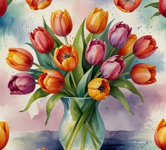 a watercolor painting of tulips in a vase