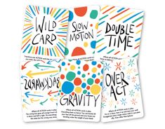 four cards with the words slow motion, slow time and slow gravity on each one