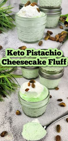 keto pistachio cheesecake fluff in small mason jars