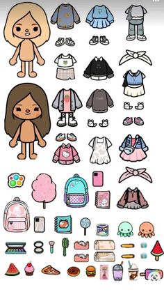 an animated doll with many different clothes and accessories on the front, as well as other items