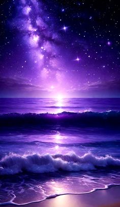 the night sky is filled with stars and purple hues, as well as water