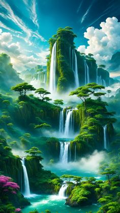 an artistic painting of waterfalls and trees