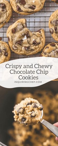 chocolate chip cookies on a cooling rack with text overlay that reads crispy and chewy chocolate chip cookies