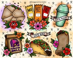 some tacos and other items on a white background with flowers, leaves and ribbons