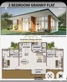 two bedroom granny flat in australia with floor plans and pictures on the front, side and back