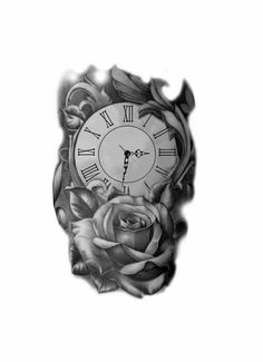 a black and white photo of a clock with roses on it