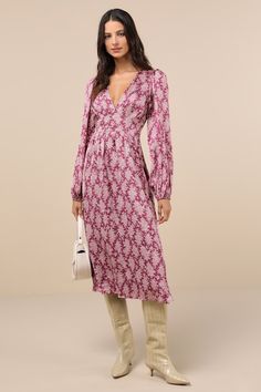 Everyone will be charmed when you arrive wearing the Lulus Graceful Impression Purple and Pink Floral Print Midi Dress! Sleek satin-like woven fabric, with a blush pink floral print throughout, shapes long balloon sleeves with elastic at the cuffs. Bodice features a V-neckline, seamed cups, and a set-in waist with a sash tie at the back. Skirt has a flaring, A-line silhouette, finishing at a midi hem. Keyhole closure at back. Hidden zipper at side. Fit: This garment fits true to size. Length: Mid-calf length. Size medium measures 46.5" from shoulder to hem. Bust: Great for any cup size. Waist: Fitted - very fitted at natural waist. Hip: Not Fitted - fuller skirt allows room for hips. Undergarments: May be worn with any standard bra. Fabric: Fabric has no stretch. Lined. Shell: 100% Polyest Dresses Casual Fall, Floral Print Midi Dress, Long Dress Casual, Midi Dress With Sleeves, Dress 100, Printed Midi Dress, Floral Midi Dress, Large Size Dresses, Fall Dresses