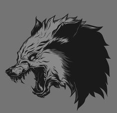 a black and white drawing of a wolf's head with its mouth wide open