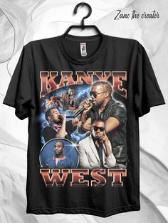 a black t - shirt with the name kanee west on it and two pictures of him