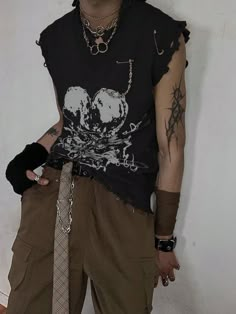 Wolf Inspired Outfits Male, Emo Men’s Clothes, Men Club Fits, Band Tank Tops Outfits, Mens Clothing Styles Emo, Werewolf Outfit Men, Punk Outfits For Men, Casual Punk Fashion, Unisex Goth Fashion